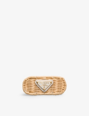 Prada Womens Neutral Brand-plaque Wicker-textured Woven Hair Clip