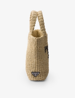 Shop Prada Womens Neutral Embroidered-logo Small Crochet Tote Bag