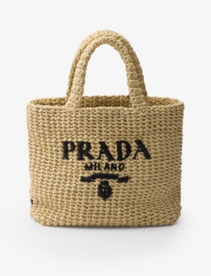 Shop Prada Womens Neutral Embroidered-logo Small Crochet Tote Bag