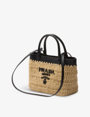 Prada Womens Black Triangle-plaque Embroidered-jacquard Medium Woven Tote Bag In Neutral