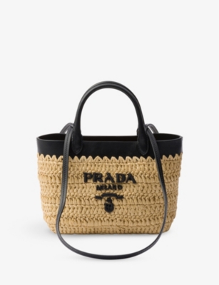 PRADA: Logo-embroidered mini crochet and leather tote bag