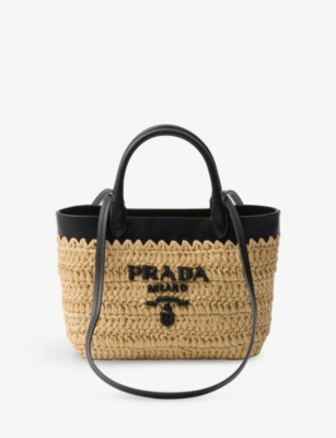 Prada Womens Black Triangle-plaque Embroidered-jacquard Medium Woven Tote Bag In Neutral