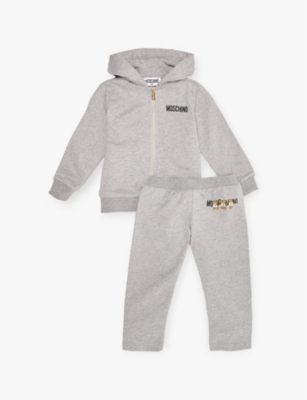Moschino Babies'  Melange Grey Logo-print Long-sleeve Cotton-jersey Tracksuit 6-24 Months