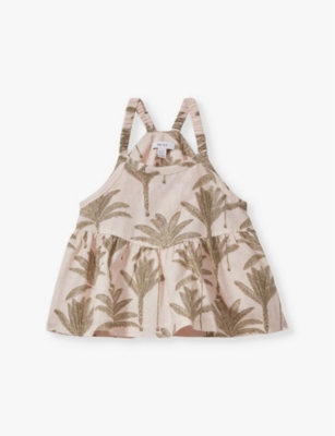 Reiss Girls Neutral Kids Klemee Palm-print Relaxed-fit Cotton And Linen-blend Top