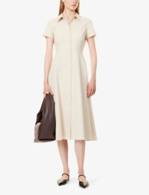 Shop Theory Flared-hem Short-sleeved Linen-blend Midi Dress In Straw