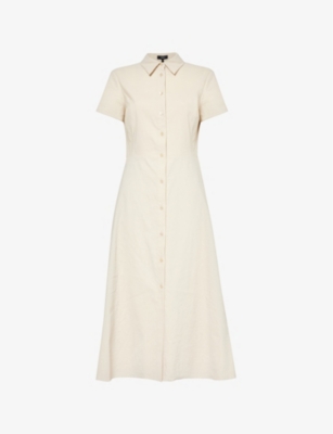 Shop Theory Flared-hem Short-sleeved Linen-blend Midi Dress In Straw