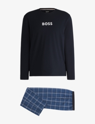 Hugo Boss Mens Medium Blue Logo-print Check Cotton Blend Pyjama Set Xl In Multi