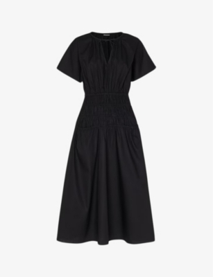 WHISTLES: Cut-out shirred-waist cotton midi dress