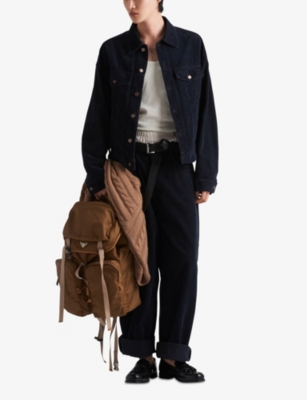 Shop Prada Mens  Logo-badge Regular-fit Corduroy Jacket In Blue
