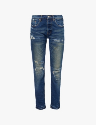 PURPLE BRAND: Distressed-patch slim-leg low-rise jeans