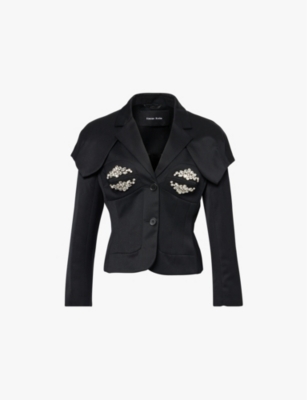 Shop Simone Rocha Womens Crystal-embellished Notched Lapels Woven Blazer Black/clear