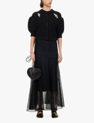 Shop Simone Rocha Womens Black/clear Crystal-embellished Cable-knit Wool-blend Cardigan