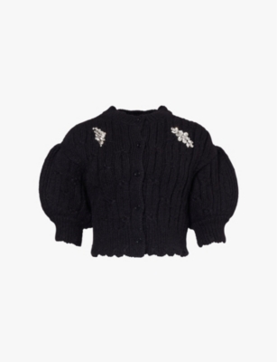 Shop Simone Rocha Womens Black/clear Crystal-embellished Cable-knit Wool-blend Cardigan