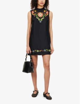 Shop Alemais Women's Black Sleeveless Floral-embroidered Linen-blend Mini Dress