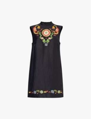 Shop Alemais Women's Black Sleeveless Floral-embroidered Linen-blend Mini Dress