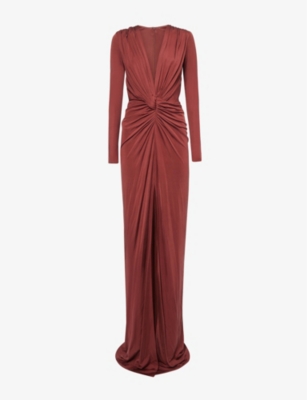 Costarellos Twist-front Cutout Satin-jersey Gown In Bronze