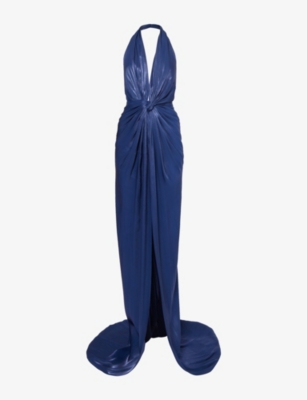 COSTARELLOS: Colette halterneck metallic woven gown