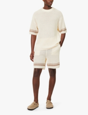 The Couture Club Mens Offwhite Stripe-sleeve Cotton Crochet-knit T-shirt In Offwhite