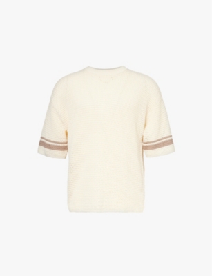 The Couture Club Mens Offwhite Stripe-sleeve Cotton Crochet-knit T-shirt In Offwhite