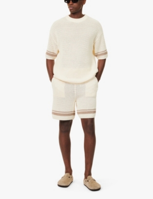 The Couture Club Mens Offwhite Stripe-hem Relaxed-fit Cotton Crochet-knit Shorts In Offwhite
