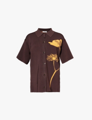 Ph5 Womens Maple Brown Flower-print Relaxed-fit Stretch-recycled-viscose Blend Polo Shirt