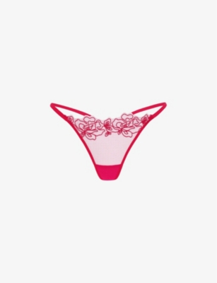 Agent Provocateur Womens Pink Juni Bow-embroidered Mid-rise Woven Thong