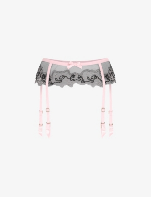 Agent Provocateur Womens Pink Lindie Floral-motif Bow-embellished Woven Suspender Belt