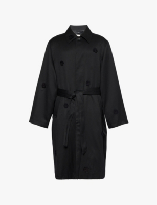 Shop Song For The Mute S  Daisy Flower-design-patches Belted Relaxed-fit Wool Coat In Black