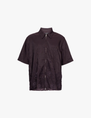 Shop Song For The Mute S  Zip Up Box Flower-embroidery Relaxed-fit Woven Shirt In Purple