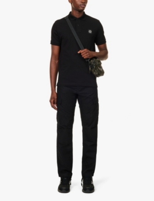 Shop Stone Island Mens Black Brand-patch Short-sleeved Stretch-cotton-piqué Polo Shirt