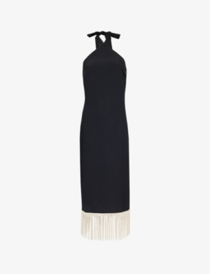 Taller Marmo Womens Black Nina Fringe-embellished Crepe Midi Dress