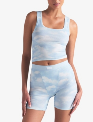 SKIMS WOMENS RIBBED HIGH-RISE PACK OF THREE COTTON-JERSEY BOXERS BLUE QUARTZ CLOUD MULTI