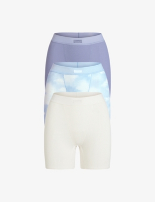 SKIMS WOMENS RIBBED HIGH-RISE PACK OF THREE COTTON-JERSEY BOXERS BLUE QUARTZ CLOUD MULTI