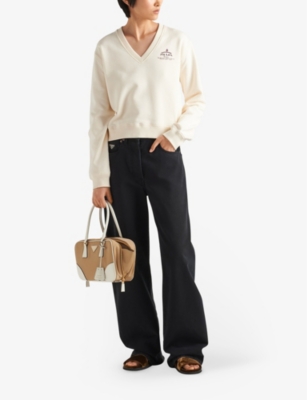 Prada Sweatshirt Aus Baumwolle Mit V-ausschnitt In Neutral