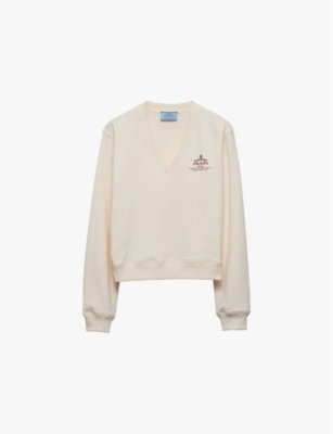 Prada Sweatshirt Aus Baumwolle Mit V-ausschnitt In Neutral