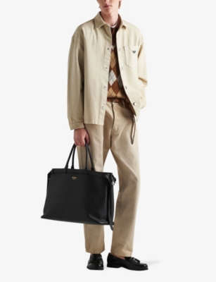 Prada Oversized Logo-plaque Organic-cotton Denim Shirt In Neutral
