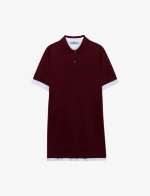 PRADA WOMENS BURGUNDY LOGO-PATCH SHORT-SLEEVE PIQUÉ-COTTON AND JERSEY MINI DRESS 