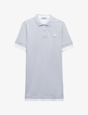 Prada Logo-patch Short-sleeve Piqué-cotton And Jersey Mini Dress In Light Blue