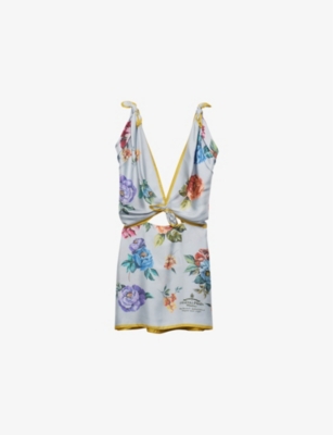 PRADA: Floral-print plunge-neck silk mini dress