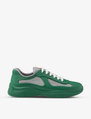 Shop Prada America's Cup Original Leather And Mesh Trainers In Green