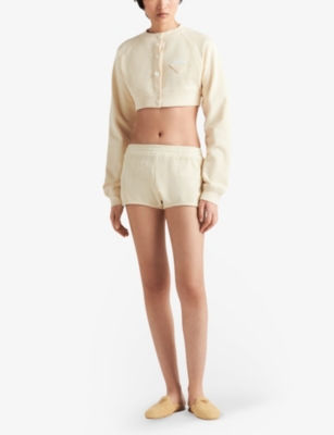Shop Prada Logo-embroidered Elasticated-waist Cotton-jersey Shorts In Yellow