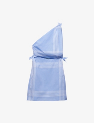 Shop Prada One-shoulder Checked Cotton Mini Dress In Light Blue