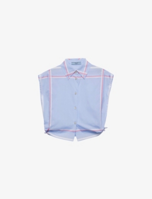 Shop Prada Check-pattern Cropped Cotton Shirt In Light Blue
