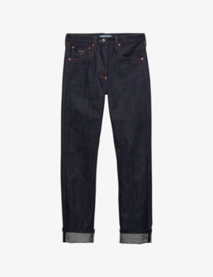 Shop Prada Logo-plaque Contrast-stitch Straight-leg Jeans In Blue