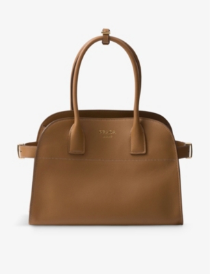Shop Prada Foiled-logo Medium Leather Top-handle Bag In Brown