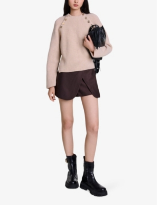 MAJE: Button-embellished high-rise wrap stretch-knit mini skirt