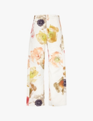 STINE GOYA: Flower-print straight-leg mid-rise organic cotton trousers