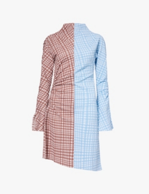 STINE GOYA: Two-tone check-print recycled polyester-blend mini dress