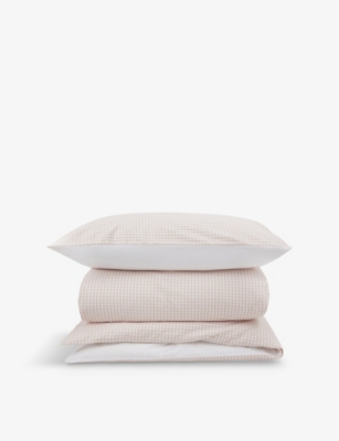 THE LITTLE WHITE COMPANY: Gingham-print reversible double organic-cotton bed set