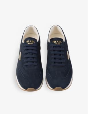 Shop Prada Mens Blue Enamelled-logo Low-top Suede Trainers